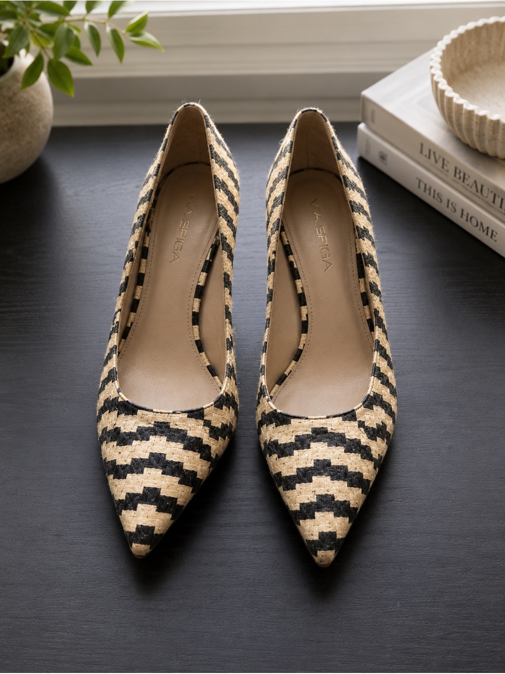 Via Spiga Black and Natural Woven Pointed-Toe Heels